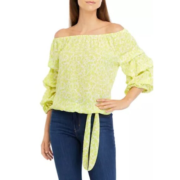 Vince Camuto Women's Yellow Geo Print Off the Shoulder Cha Cha Blouse Medium - Picture 1 of 10